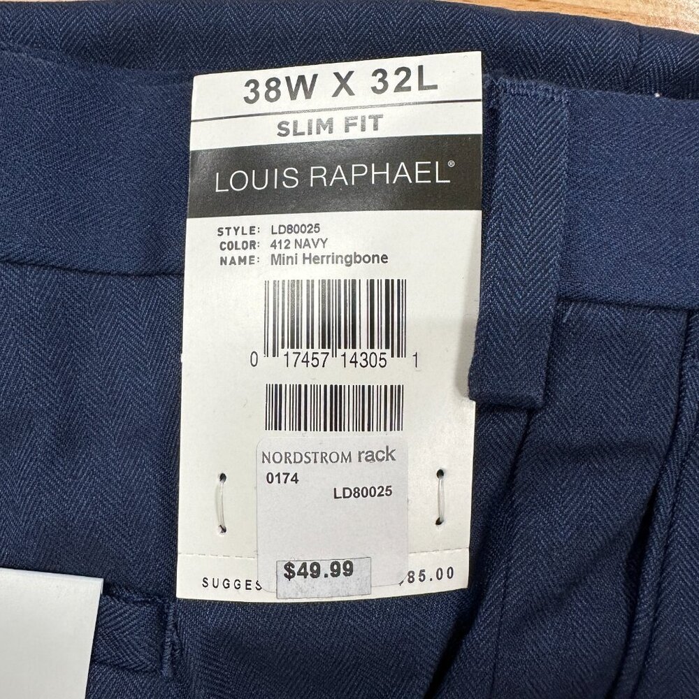 Louis Raphael Men's Slim Fit Dress Pants 38x32 Navy Straight Mini Herringbone - Picture 3 of 5